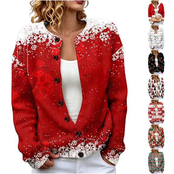 Stralyhd Christmas Sweaters for Women Plus Size Button Front Long Sleeve Knit Cardigans Cute Snowflake Print Loose Casual Fall Trendy Outerwear Tops Deep Red XL