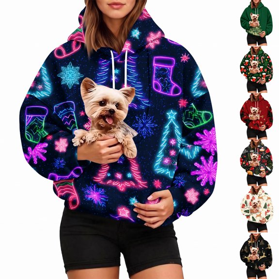 Stralyhd Christmas Unisex Pet Carrier Hoodie for Women Men Dog Carrier Cat Hoodie with Pouch Dogs Small Animal Carrier Sweatshirt Fleece Kangaroo Pouch Pullover