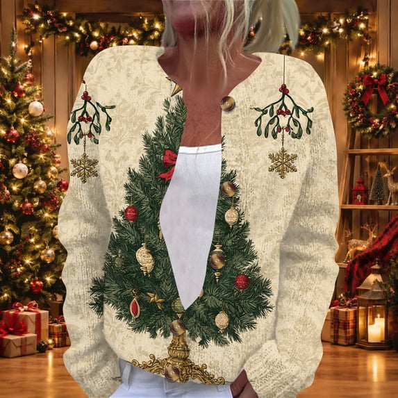 Stralyhd Christmas Womens Cardigan Plus Size Cute Xmas Tree Print Button Down Cardigan Sweaters Fall Winter Warm Cozy Long Sleeve Knitted Coat Light Green XL