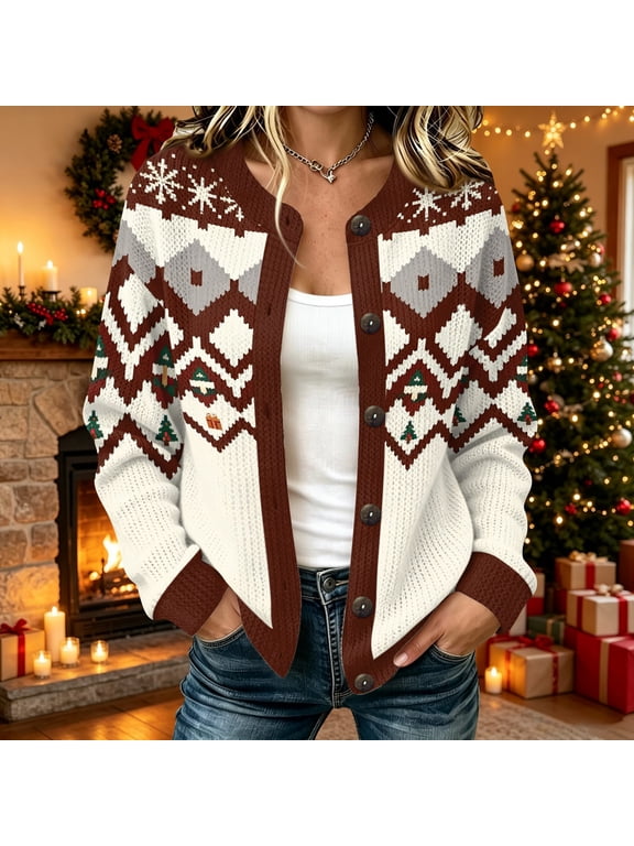 Christmas Womens Fair Isle Sweaters Oversized Open Front Button Down Knit Cardigan Lightweight Vintage Christmas Geometric Print Trendy Fall Winter Outwear Cardigans Brown 3XL