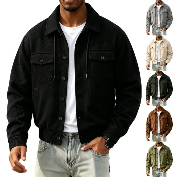 Stralyhd Corduroy Jackets for Men Button Front Long Sleeve Lightweight Shacket Relaxed Fit Fall Outwear Black 2XL