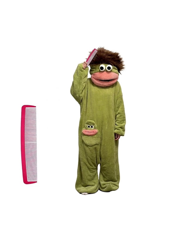 Cute Fuzzy Monster Pajamas Soft Plush Full-Body Sleepsuit Funny Cartoon Character Nightwear Warm Cozy Relaxing Home Clothes with Comb Green L