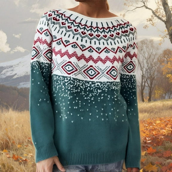 Stralyhd Fair Isle Sweater Women Boho Retro Embroidered Women Sweaters Plus Size Long Sleeve Crewneck Pullover Tops Christmas Sweaters for Women Cyan XXL