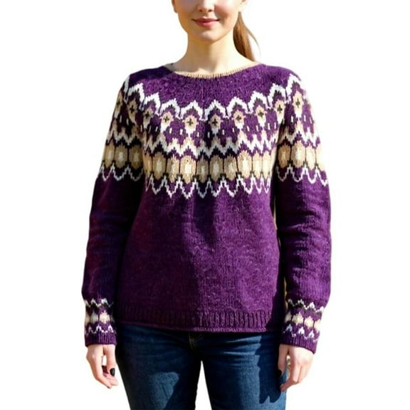 Stralyhd Fair Isle Sweater Women Boho Retro Knit Women Sweaters Plus Size Long Sleeve Round Neck Pullover Knitwear White Sweater Dark Purple S