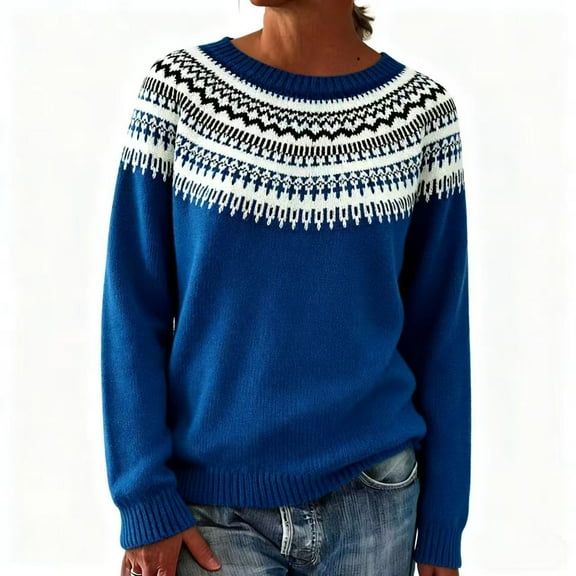 Stralyhd Fair Isle Sweater Women Boho Retro Knit Women's Sweaters Plus Size Long Sleeve Crewneck Pullover Tops White Sweater Blue L