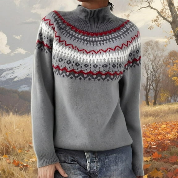Stralyhd Fair Isle Sweater Women Boho Retro Knitted Women's Sweaters Casual Long Sleeve Crewneck Pullover Knitwear Brown Sweater Woman Gray S