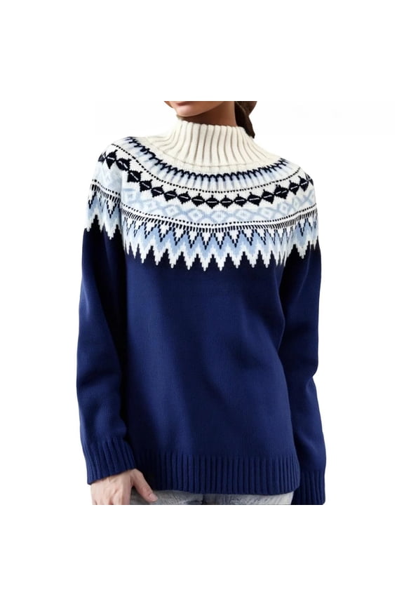 Fair Isle Sweater Women Boho Retro Knitted Womens Sweaters Casual Loose Long Sleeve Round Neck Pullover Knitwear Christmas Sweaters for Women Dark Blue XL
