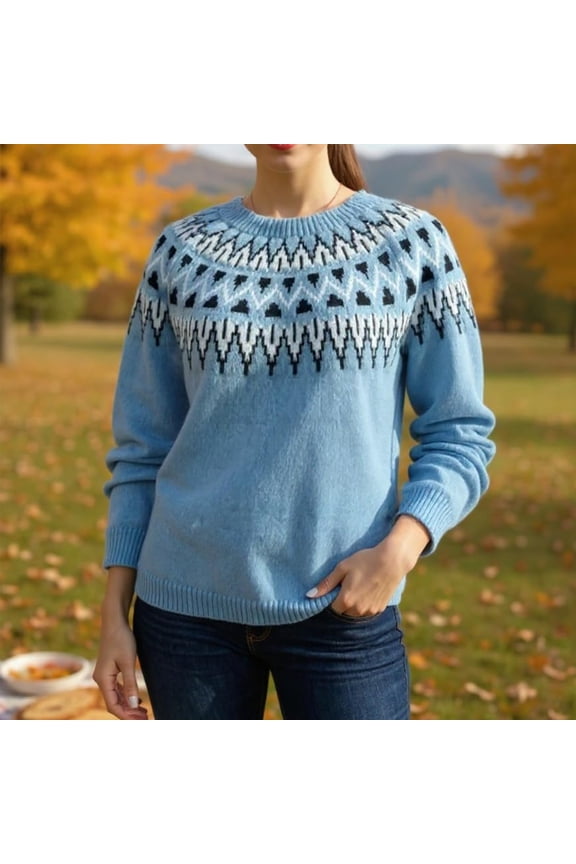 Fair Isle Sweater Women Boho Vintage Knitted Women Sweaters Casual Long Sleeve Crewneck Pullover Knitwear Christmas Sweaters for Women Sky Blue S