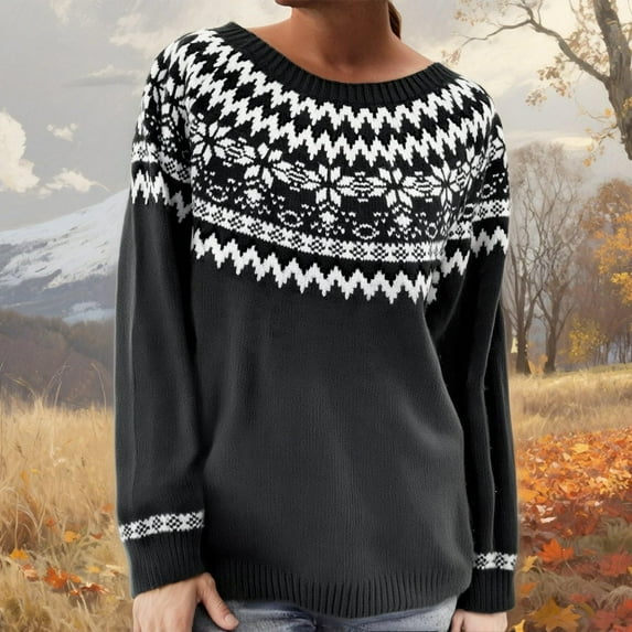 Stralyhd Fair Isle Sweater Women Boho Vintage Knitted Women Sweaters Stripes Long Sleeve Crewneck Pullover Knitwear Christmas Sweaters for Women Black L