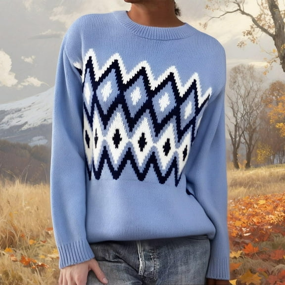 Stralyhd Fair Isle Sweater Women Boho Vintage Knitted Womens Sweaters Stripes Long Sleeve Round Neck Pullover Knitwear White Sweater Sky Blue L
