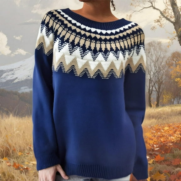 Stralyhd Fair Isle Sweater Women Lightweight Boho Retro Embroidered Womens Sweaters Casual Long Sleeve Round Neck Pullover Knitwear White Sweater Navy S