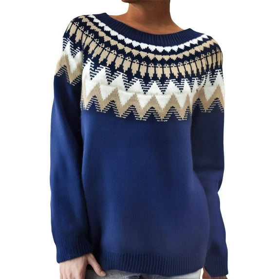 Stralyhd Fair Isle Sweater Women Lightweight Boho Retro Knit Sweaters for Women Casual Loose Long Sleeve Round Neck Pullover Tops Black Sweaters for Women Navy L