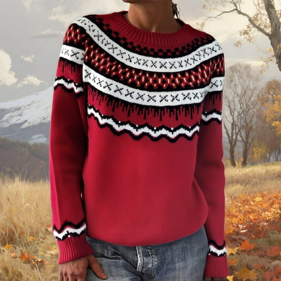 Stralyhd Fair Isle Sweater Women Lightweight Boho Retro Knit Women Sweaters Stripes Long Sleeve Crewneck Pullover Tops White Sweater Wine L