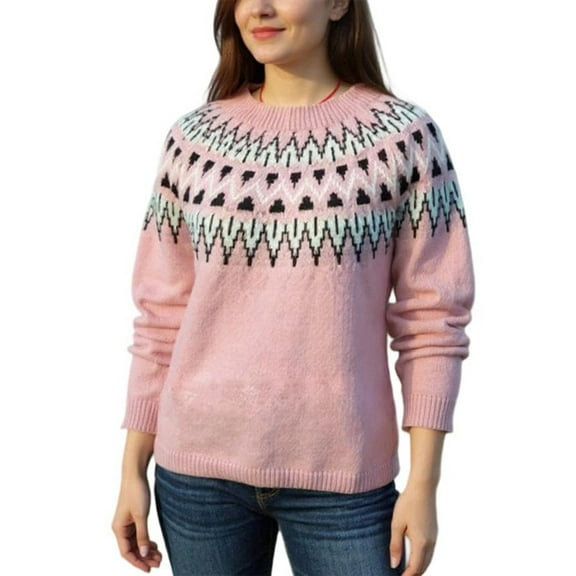 Stralyhd Fair Isle Sweater Women Lightweight Boho Retro Knitted Sweaters for Women Stripes Long Sleeve Crewneck Pullover Knitwear Christmas Sweaters for Women Pink S