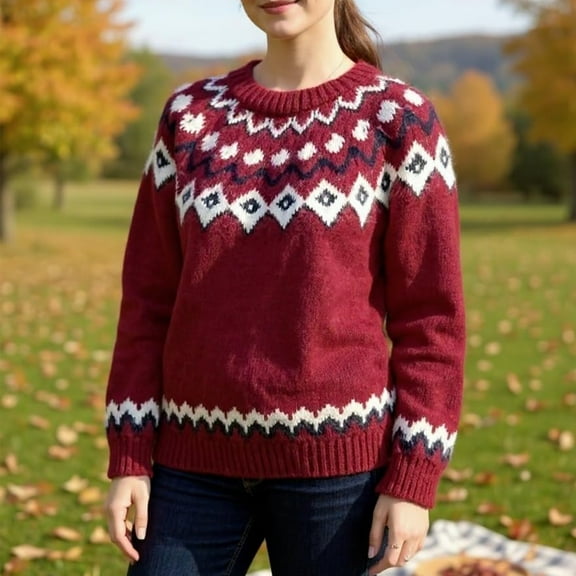 Stralyhd Fair Isle Sweater Women Lightweight Boho Retro Knitted Women Sweaters Plus Size Long Sleeve Round Neck Pullover Knitwear White Sweater Deep Red XXL