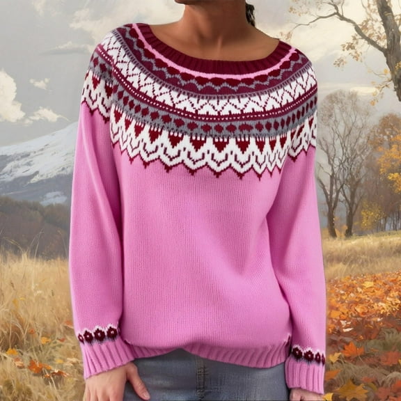 Stralyhd Fair Isle Sweater Women Lightweight Boho Retro Knitted Womens Sweaters Casual Loose Long Sleeve Round Neck Pullover Tops White Sweater Pink L