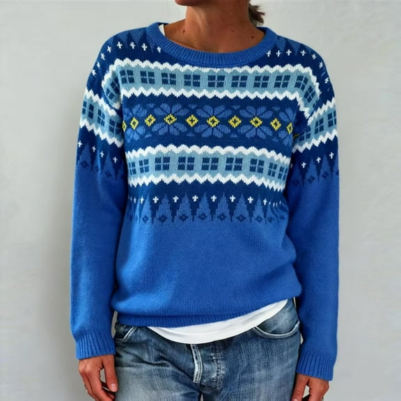 Stralyhd Fair Isle Sweater Women Lightweight Boho Vintage Embroidered Womens Sweaters Casual Long Sleeve Round Neck Pullover Knitwear Brown Sweater Woman Royal Blue XXL