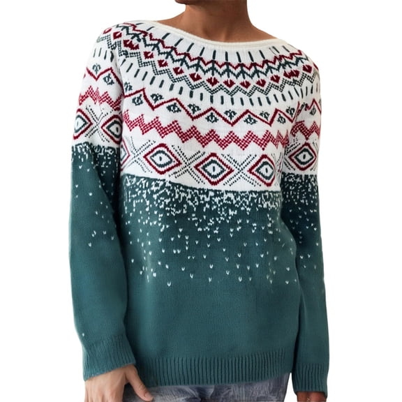 Stralyhd Fair Isle Sweater Women Lightweight Boho Vintage Knit Sweaters for Women Casual Long Sleeve Round Neck Pullover Knitwear Brown Sweater Woman Cyan XXL