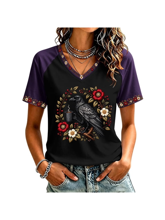 Fall Floral Crow Womens Shirt Short Sleeve Crow Floral T‑shirt Floral Bird Print Tee Botanical Graphic Top Black XL