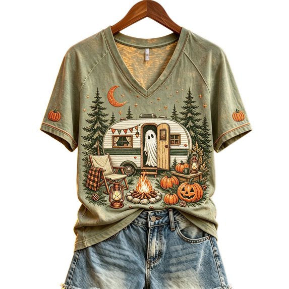 Stralyhd Fall Women Shirts Moon Forest Graphic Tee Festival Gathering V‑neck Top Vintage Short Sleeve Shirt M