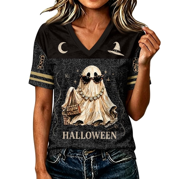 Stralyhd Fall Women Shirts Retro Camper Ghost Tee Night Club V‑neck Tops Cottagecore Short Sleeve Shirt M