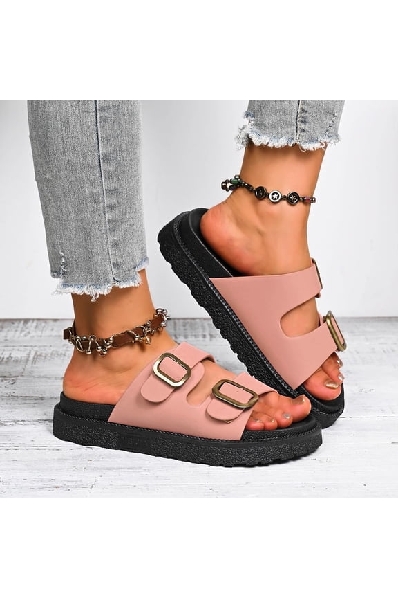 Fuse Chunky Sandals Women Vintage Platform Non-Slip Waterproof Sandals Double Buckle Summer Leopard Print Footwear Oversized Vacation Shoes Pink 41