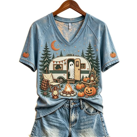 Stralyhd Ghost Camping Women Shirts Campfire Print Tee Party V‑neck Top Boho Short Sleeve Shirt S