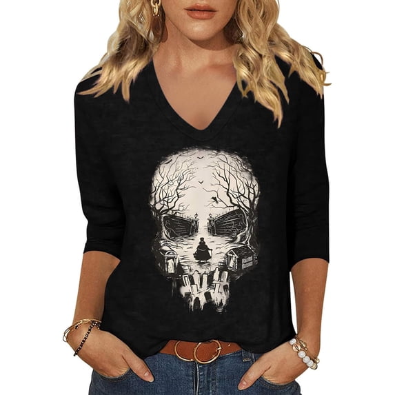 Stralyhd Graphic Face Graphic 3/4 Length Sleeve Womens Tops V Neck Halloween Holiday T Shirts Party Tee Halloween Graphic Print Top Black L