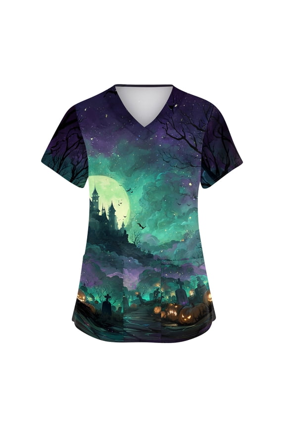 Halloween Party Womens Scrubs Short Sleeve Nurse Single-Breasted Protective Cardigan Jacket Top Halloween Pumpkin Print Scrubs with Pockets Light Green M