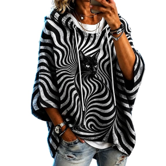 Stralyhd Halloween Print Hoodies for Women Festive Hooded Sweatshirt Holiday Graphic 3/4 Sleeve Pullover Hoodie Loungewear Blouse S