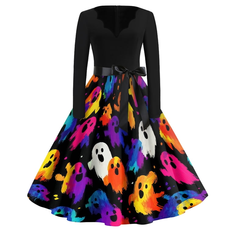 Stralyhd Halloween Womens Dresses Halloween Party Long Sleeve Dress Ghost Midi Dress Drawstring Halloween Pumpkin Print Clothes Red M, Women's, Size