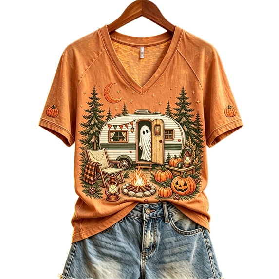 Stralyhd Halloween Womens Shirts Campfire Print Tee Festival Gathering V‑neck Tops Cottagecore Short Sleeve Shirt XL
