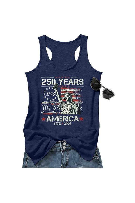 Independence Day Women's Tank Tops American Flag Striped Shirt Freedom Tank Tops Sleeveless Scoop Neck 1776-2026 Shirts Navy M
