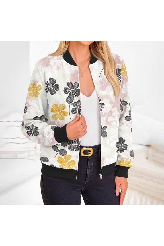 Jacket for Women Lightweight Transition Floral Print Aviator Jacket 2026 Fall Zip Up Jackets College Long Sleeve Windbreaker with Pockets Gray M