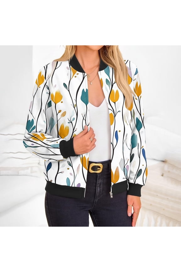 Jackets for Women Lightweight Transition Floral Print Aviator Jacket Fall Zipper Jackets Fashion Long Sleeve Windbreaker with Pockets White S