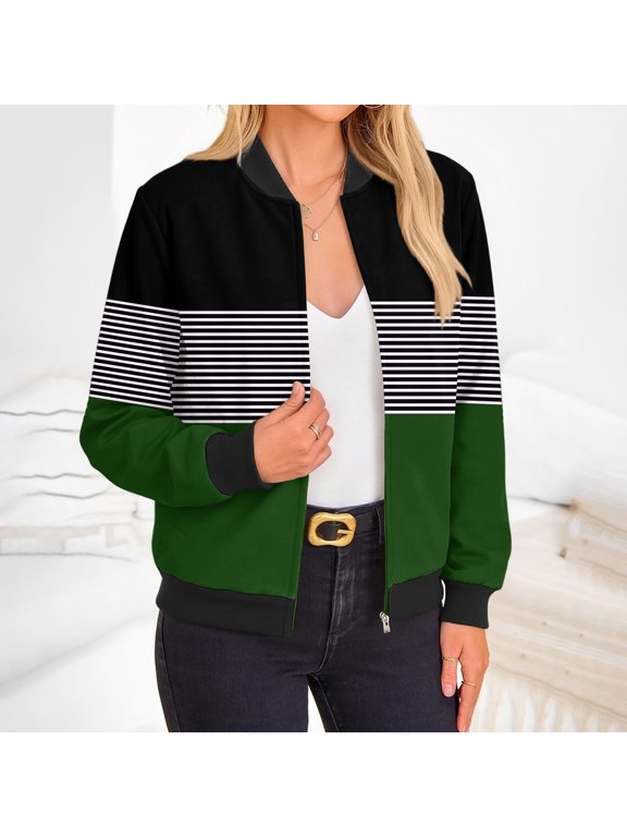 Jackets for Women Lightweight Transition Color Block Pilot Jacket Fall Zipper Jackets Fashion Long Sleeve Windbreaker with Pockets Green XXL