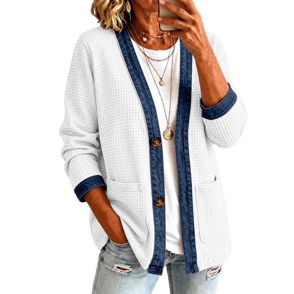Stralyhd Jean Jacket Women Long Sleeve 2026 Autumn Retro Denim Jacket Short Waffle Jean Coats Light Wash Button Down Cardigan with Pockets White L