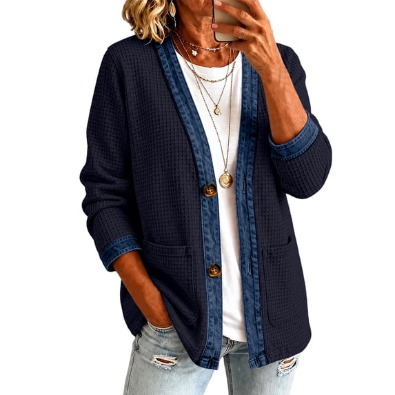 Stralyhd Jean Jacket Women Long Sleeve Fall Casual Denim Jacket Patchwork Waffle Jean Coats Light Button Down Cardigan with Pockets Navy S