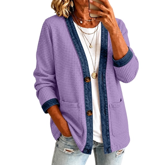 Stralyhd Jean Jacket Women Long Sleeve Fall Casual Denim Jacket Short Waffle Jean Coats Light Button Down Cardigan with Pockets Purple M