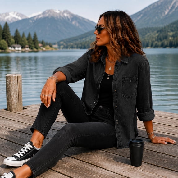 Stralyhd Jean Jacket Women Long Sleeve Fall Colored Denim Jacket Loose Lapel Jean Coats Light Wash Button Down Denim Shirt with Chest Pockets Black M