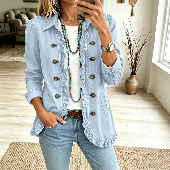 Stralyhd Jean Jacket for Women Ruffle Double Button V-Neck Shirt Long Sleeve Casual Denim Jacket Fall Winter Jean Coat Light Blue S