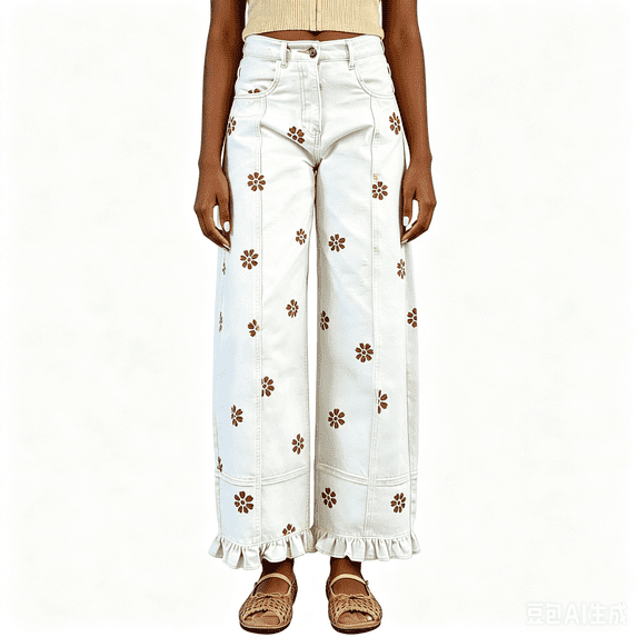 Stralyhd Jeans Women Baggy Boyfriend Denim Pants 2026 Floral Print Wide Leg Y2K Patchwork Ruffle Hem Jeans White XXL