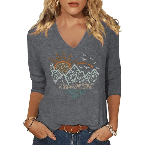Stralyhd Ladies Relaxed‑Fit Breathable V‑Neck 3/4 Sleeve Blouse Light‑Weight Festive Graphic Everyday T‑Shirt XL