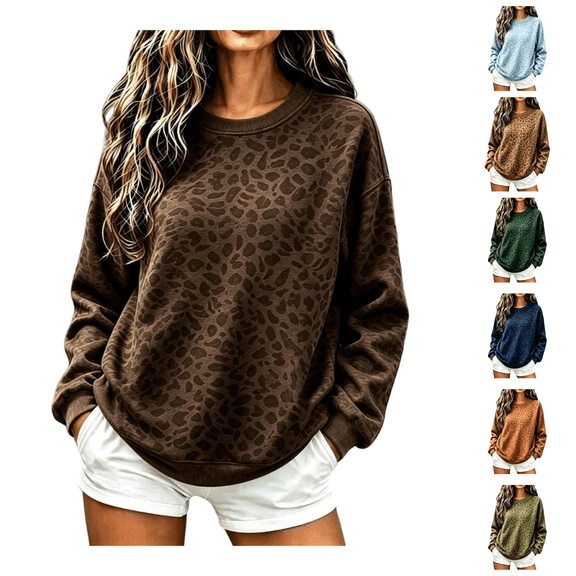 Stralyhd Leopard Print Sweatshirts for Women Long Sleeve Knit Pullover Oversized Lightweight Tops Hooded Top Trendy Blouses Coffee M