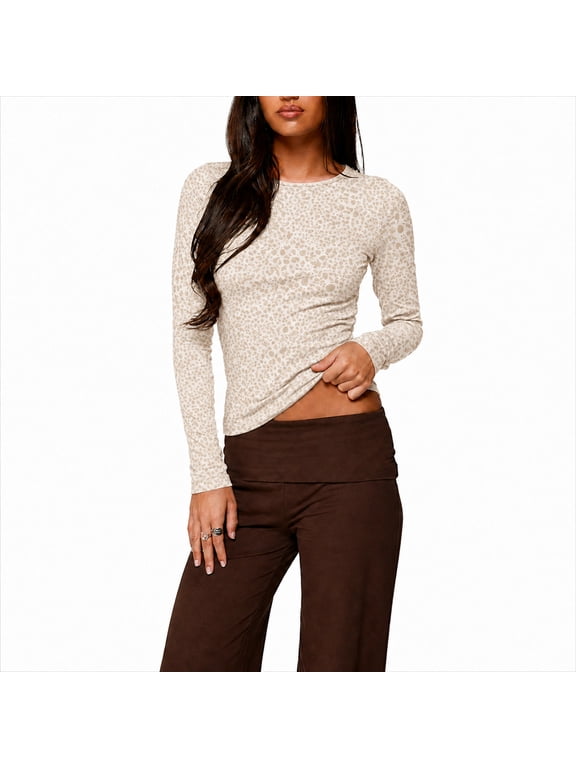 Leopard Print Tops for Women Y2k Long Sleeve Slim Fit Crewneck Underscrub Tees Shirts Casual Stretchy Cheetah Trendy Fall Undershirts White M