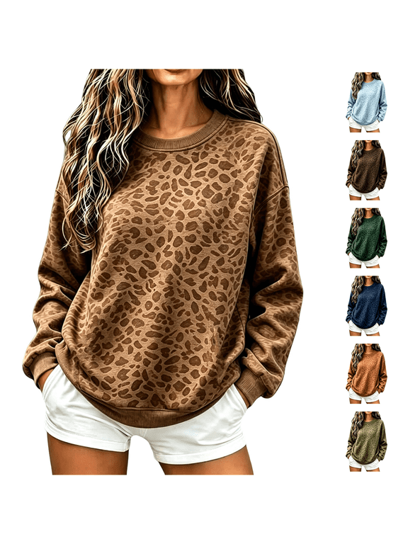 Leopard Print Women's Sweatshirts Long Sleeve Crew Neck Pullover Loose Fit Lightweight Tops Hooded Top Casual Blouses Camel L