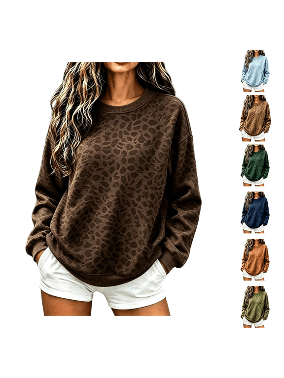 Leopard Print Womens Sweatshirts Long Sleeve Crew Neck Pullover Loose Fit Drawstring Tops Hooded Tops Trendy Blouses Coffee L