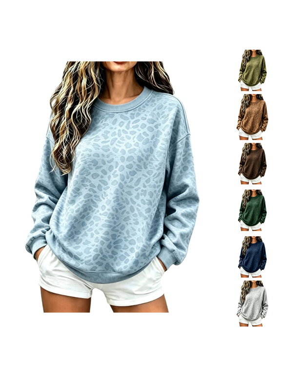 Leopard Print Womens Sweatshirts Long Sleeve Knit Pullover Loose Fit Drawstring Tops Hooded Top Trendy Blouses Light Blue 3XL