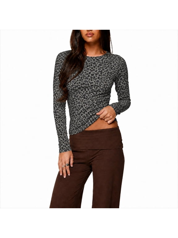 Leopard Print Womens Tops Long Sleeve Y2k Slim Fit Crewneck Underscrub Tees Shirts Casual Stretchy Cheetah Fall Basic Blouse Gray M