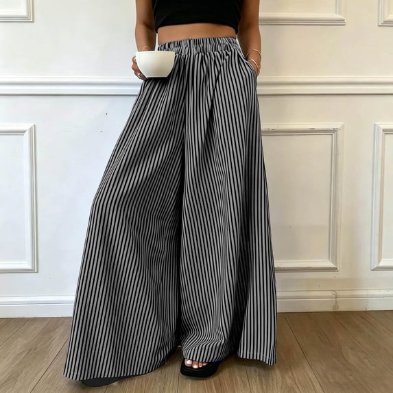 Stralyhd Linen Pants Women Casual Wide Leg Flowy Pants Elastic Waist Vacation Lounge Trousers with Pockets Black L